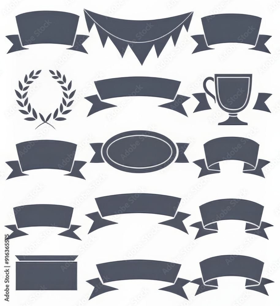 Set of decorative banners and award symbols in various shapes.