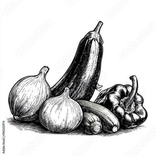 Wallpaper Mural Black and white Vintage engraved art of a roasted vegetable medley with zucchini, eggplant, and bell peppers, isolated on white background, ink sketch illustration, simple vector art design, Torontodigital.ca