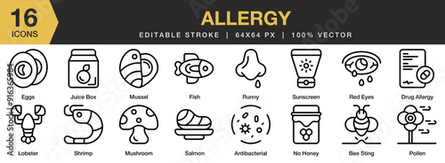 Allergy icon set. Editable Stroke Icon Collection. Includes antibacterial, bee sting, drug allergy, eggs, fish, juice box, and More. Outline icons vector collection.