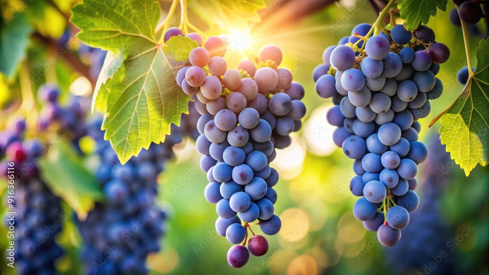 Close-Up of Ripe Grapes in Vineyard, Sunlight Filtering Through Leaves, Harvest Season Close-Up of Ripe Grapes in Vineyard, Sunlight Filtering Through Leaves, Harvest Season