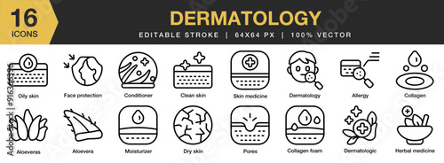 Dermatology icon set. Editable Stroke Icon Collection. Includes dermatology, dry skin, face protection, moisturizer, pores, and More. Outline icons vector collection.
