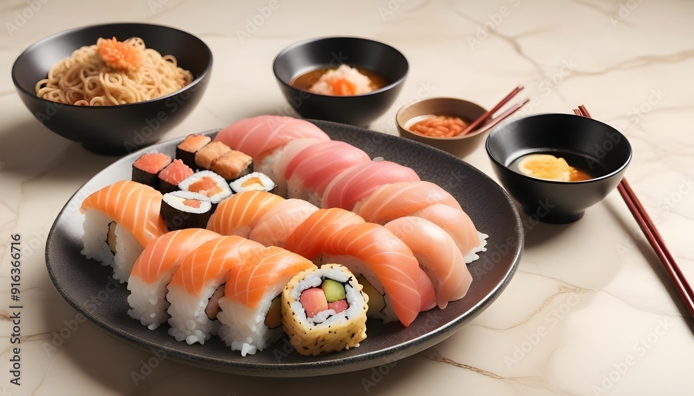 Sushi rolls are on a tray with other sushi Sushi rolls are on a tray with other sushi