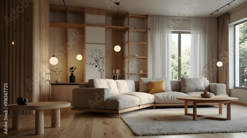 Japanese-style living room design in a modern setting. Scandinavian apartment with wood, plaster, and lighting that is bright. Illustration in 3D render