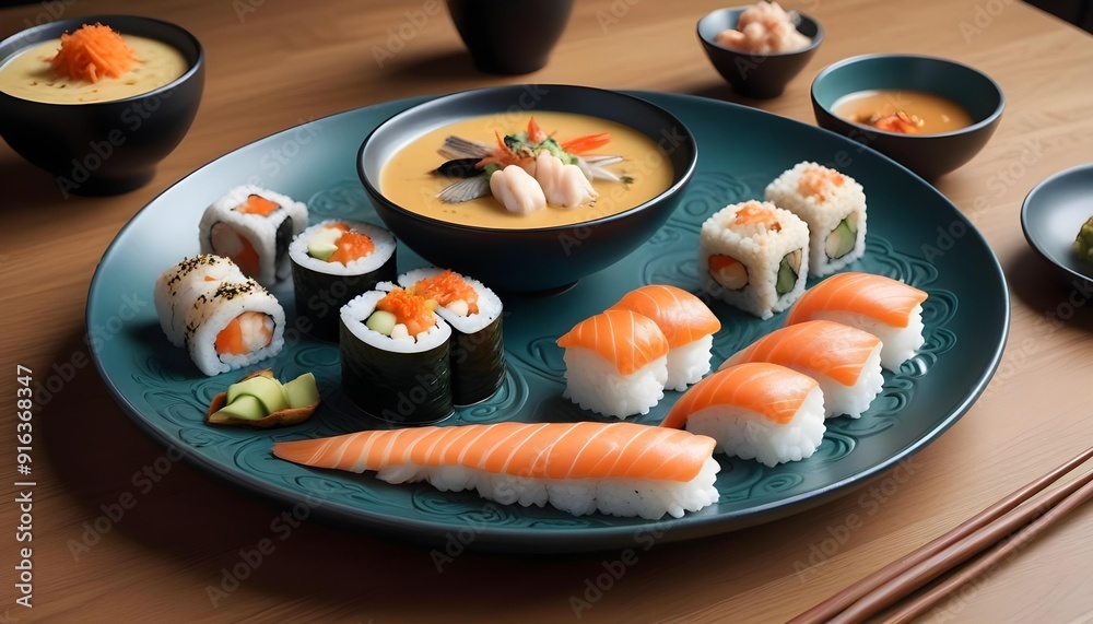 Sushi rolls are on a tray with other sushi Sushi rolls are on a tray with other sushi
