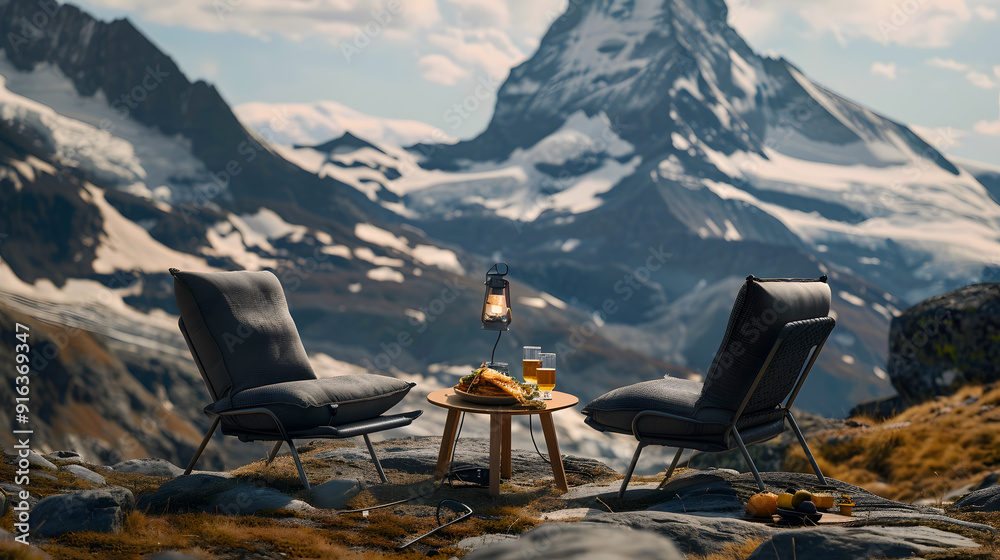 Outdoor camping facilities by the snowy mountains Outdoor camping facilities by the snowy mountains