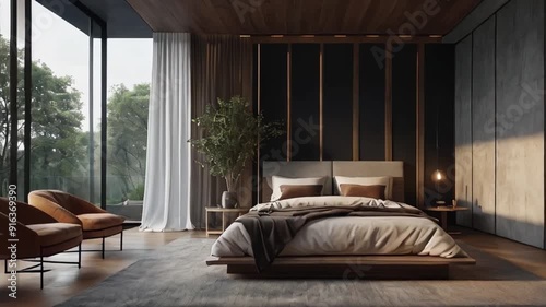 Modern platform bed within a luxurious bedroom overlooking a dense green forest.