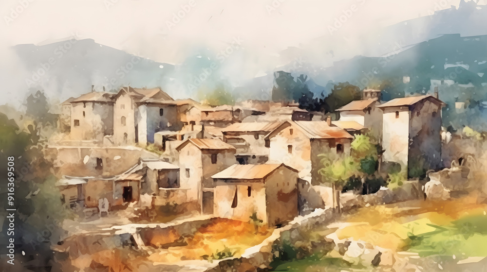 Obraz premium Rural Villages watercolor style