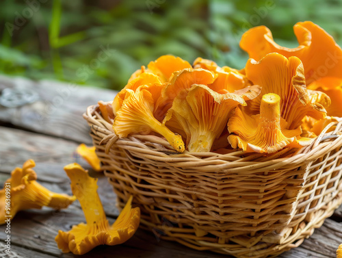 chanterelle mushrooms lying in a wicker basket on a rustic table. AI generative. photo