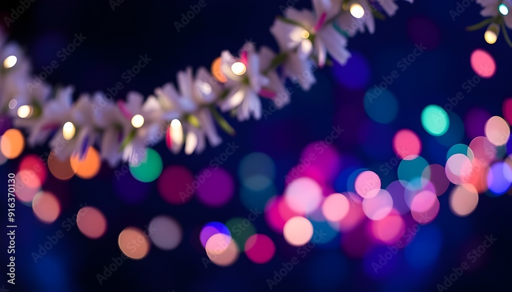 holiday illumination and decoration concept - Christmas garland bokeh lights over dark blue background, abstract background of lights