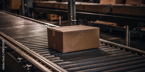 A brown cardboard box sits on a conveyor belt in a factory