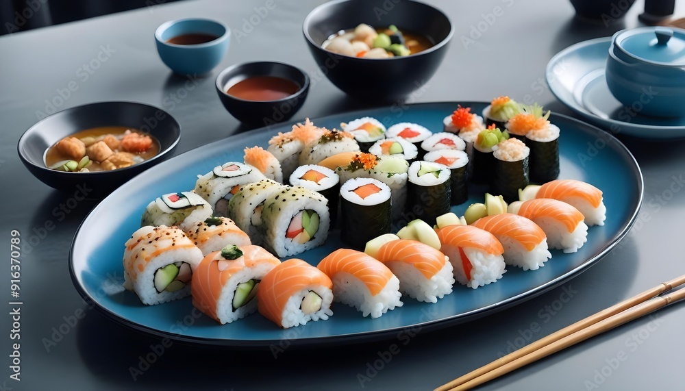 Sushi rolls are on a tray with other sushi Sushi rolls are on a tray with other sushi