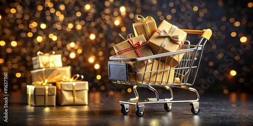 A shopping cart full of gifts is on a table