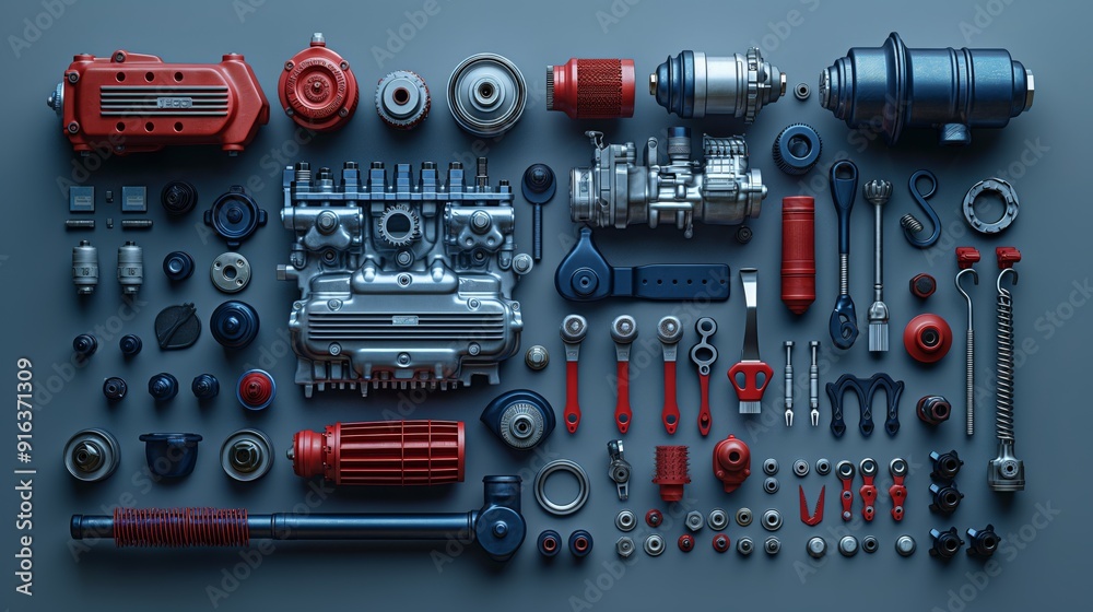 Flat lay of various car engine components and detailing tools, meticulously arranged on a blue background, representing the intricacies of vehicle maintenance. Flat lay of various car engine components and detailing tools, meticulously arranged on a blue background, representing the intricacies of vehicle maintenance.