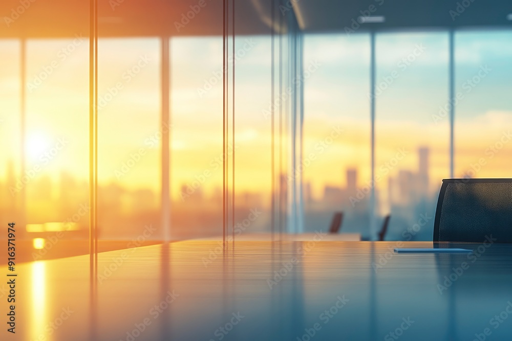 Fototapeta premium Beautiful blurred background of a light modern office interior with panoramic windows and beautiful lighting with generative ai