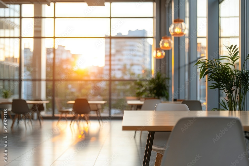 Beautiful blurred background of a light modern office interior with panoramic windows and beautiful lighting with generative ai Beautiful blurred background of a light modern office interior with panoramic windows and beautiful lighting with generative ai