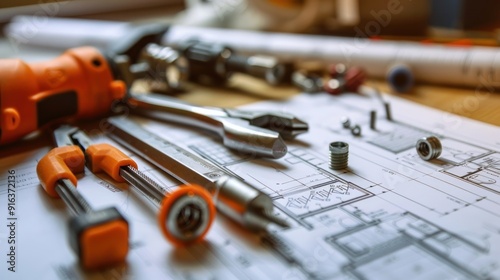 Wrenches and bolts on top of an architectural drawing with a composition of construction technical equipment with slight metallic tones of copper and brass