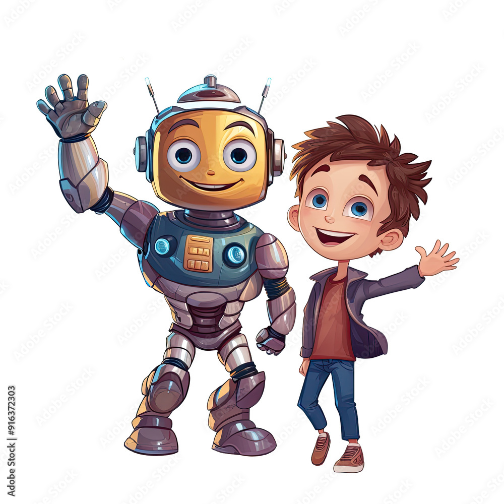 An illustration of a child and a robot celebrating together