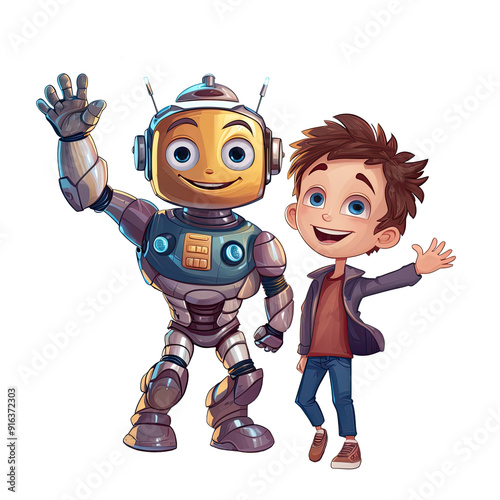 Obraz na płótnie An illustration of a child and a robot celebrating together w salonie