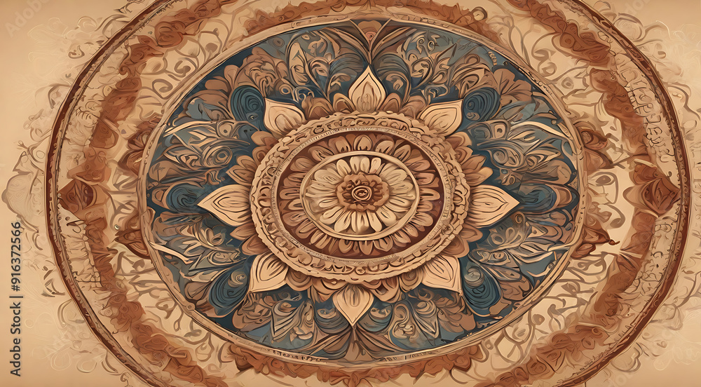 Classic Mandala with Intricate Patterns and Earthy Tones on a Beige Background, Featuring Generous Copy Space for Text or Informational Details Classic Mandala with Intricate Patterns and Earthy Tones on a Beige Background, Featuring Generous Copy Space for Text or Informational Details