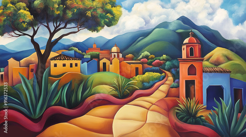 Colorful mexican village nestled in hills with a church tower, vibrant houses, lush greenery, and a winding road. Hispanic Heritage Month celebrate
