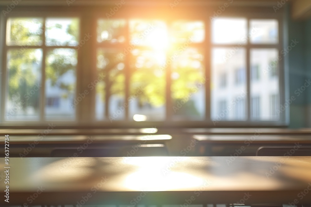Fototapeta premium Beautiful blurred background of bright classroom and study room with panoramic windows and beautiful lighting. Blurred Empty school background with generative ai