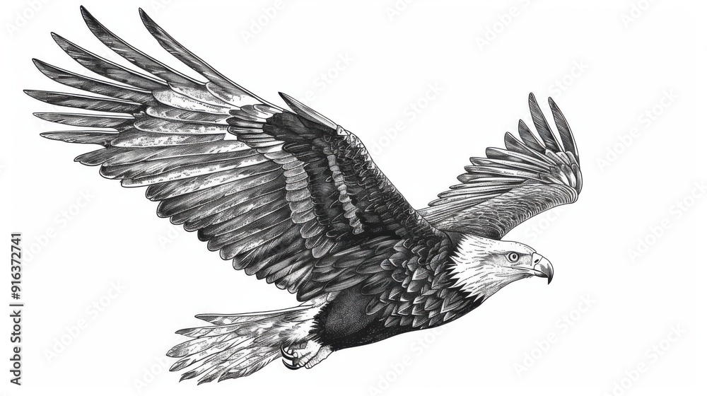 Black and white Vintage engraved art of an eagle in flight, isolated on ...