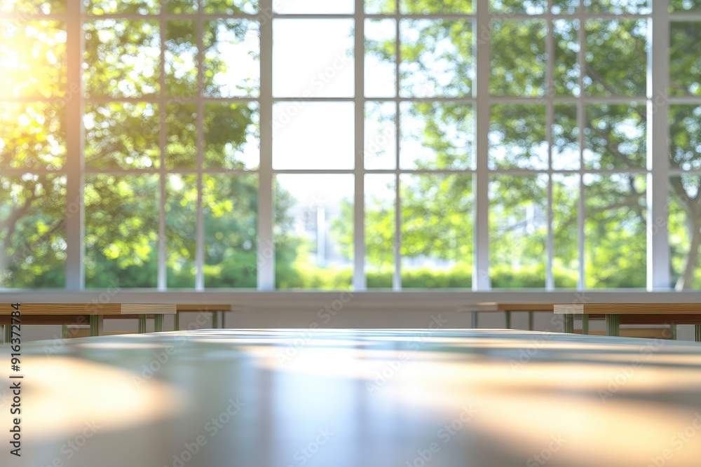 Fototapeta premium Beautiful blurred background of bright classroom and study room with panoramic windows and beautiful lighting. Blurred Empty school background with generative ai