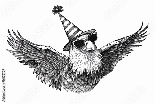 Black and white Vintage engraved art of an eagle in flight wearing a party hat with sunglasses, portrait isolated on white background, ink sketch illustration, simple vector art design photo