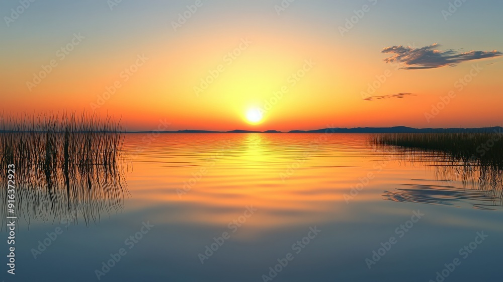 Obraz premium A breathtaking sunset over calm water, reflecting warm hues and soft clouds, creating a peaceful and serene atmosphere.