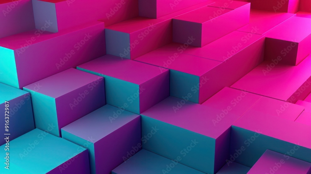 A modern 3D abstract scene showcasing geometric gradients in vibrant magenta and cyan, with smooth transitions A modern 3D abstract scene showcasing geometric gradients in vibrant magenta and cyan, with smooth transitions