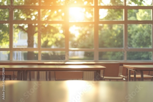 Beautiful blurred background of bright classroom and study room with panoramic windows and beautiful lighting. Blurred Empty school background with generative ai