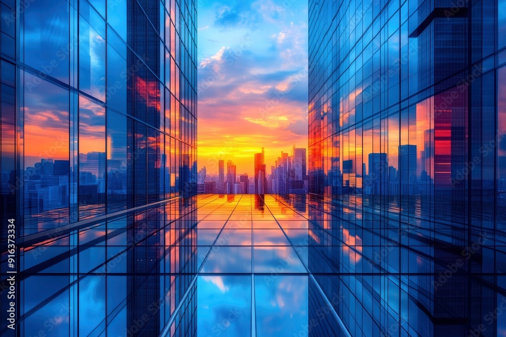 Blue Cityscape Background on Mirror Floor with Reflection.3d Rendering Building at Sunset with generative ai Blue Cityscape Background on Mirror Floor with Reflection.3d Rendering Building at Sunset with generative ai
