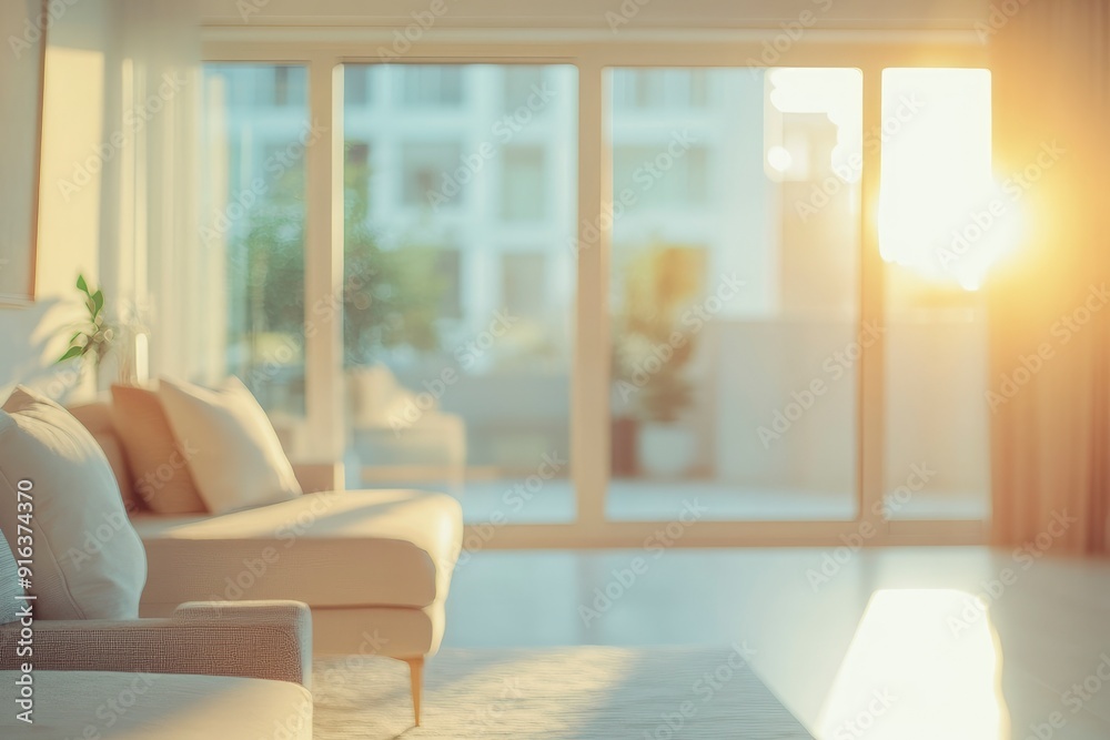 Fototapeta premium Blur living room at home with morning sunlight at big window for background usage. blur interior background concept. white, britht tone with generative ai