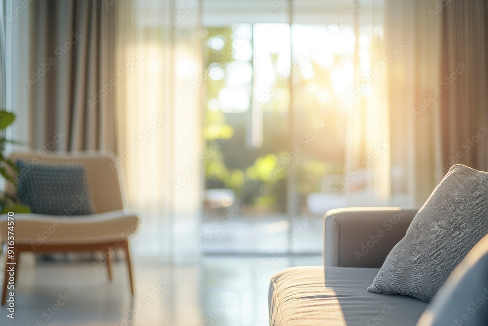 Blur living room at home with morning sunlight at big window for background usage. blur interior background concept. white, britht tone with generative ai Blur living room at home with morning sunlight at big window for background usage. blur interior background concept. white, britht tone with generative ai