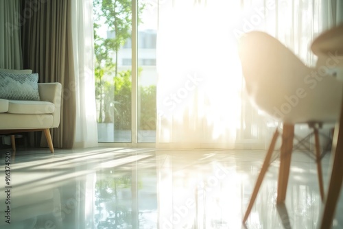 Blur living room at home with morning sunlight at big window for background usage. blur interior background concept. white, britht tone with generative ai photo