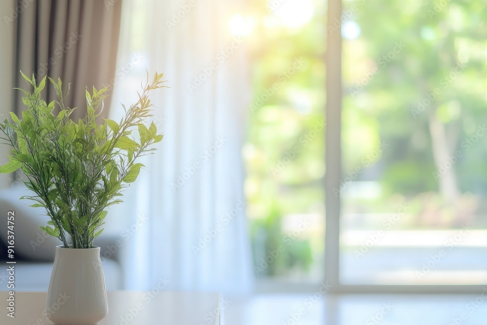 Blur living room at home with morning sunlight at big window for background usage. blur interior background concept. white, britht tone with generative ai