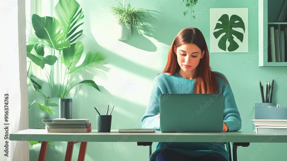 Woman works on laptop in bright room with lush plants. Sunlight streams through window, creating a serene and productive atmosphere. Green decor enhances natural, calming workspace.	