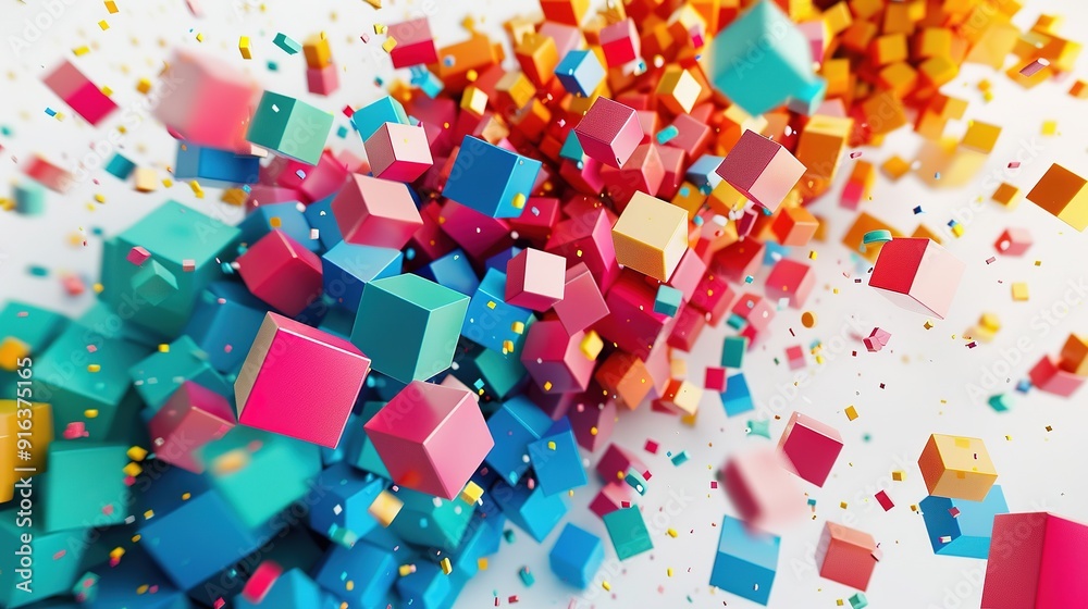Stunning Colorful Cube Explosion Bursting with Vibrant Energy on a Clean White Background, Symbolizing Creativity and Dynamic Change in Design Concepts. Stunning Colorful Cube Explosion Bursting with Vibrant Energy on a Clean White Background, Symbolizing Creativity and Dynamic Change in Design Concepts.