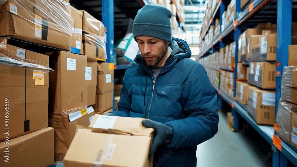 Inside a logistics retail warehouse, an employee stacks cardboard boxes into a delivery van. Inside a logistics retail warehouse, an employee stacks cardboard boxes into a delivery van.