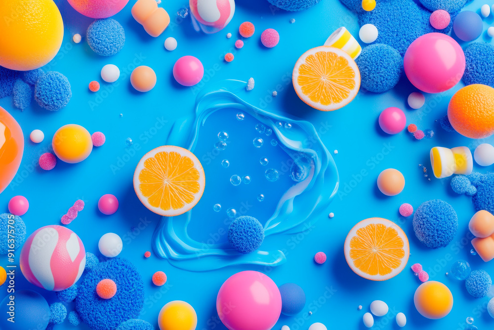 Fresh orange juice splashing from a glass with colorful candies.