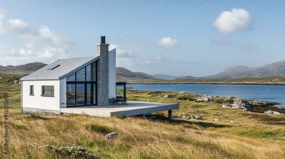 Modern white cabin with a view overlooking the water and grassy hills. Modern white cabin with a view overlooking the water and grassy hills.