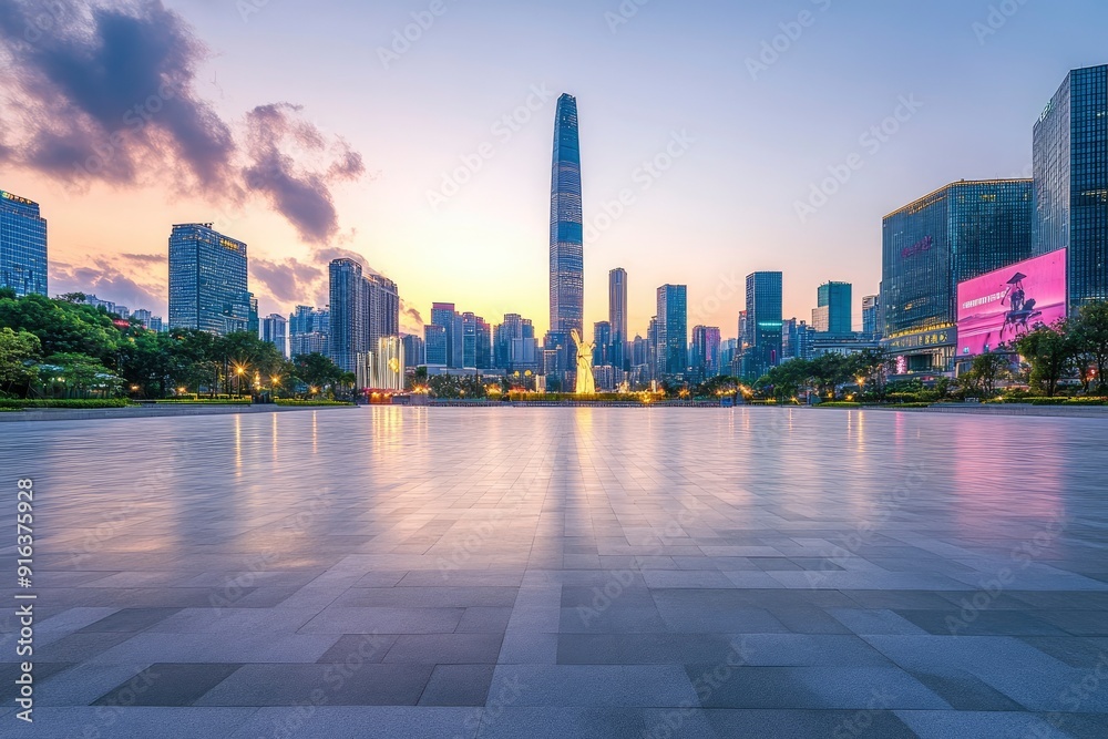 Obraz premium City square and skyline with modern buildings in Shenzhen at sunset, Guangdong Province, China with generative ai