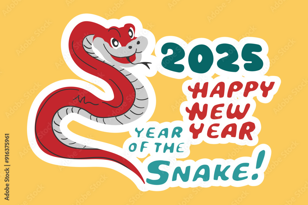 Obraz premium Chinese New Year 2025, the year of the snake, red and gold line art characters, simple hand-drawn Asian elements with craft (Chinese translation: Happy Chinese New Year 2025, year of the snake)