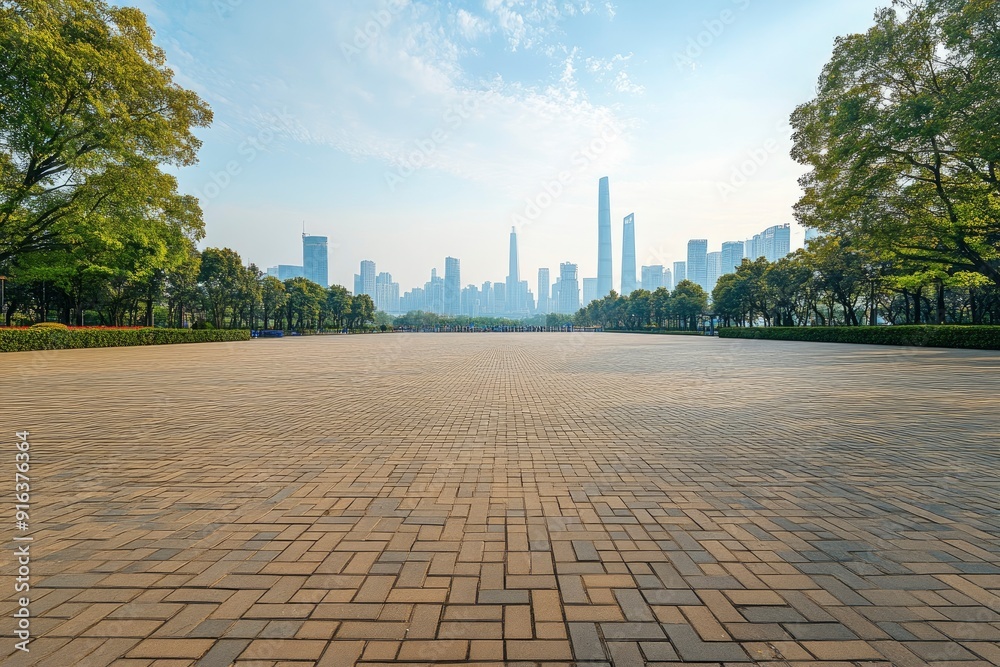 Obraz premium Guangzhou city center empty brick floor and skyline in China with generative ai