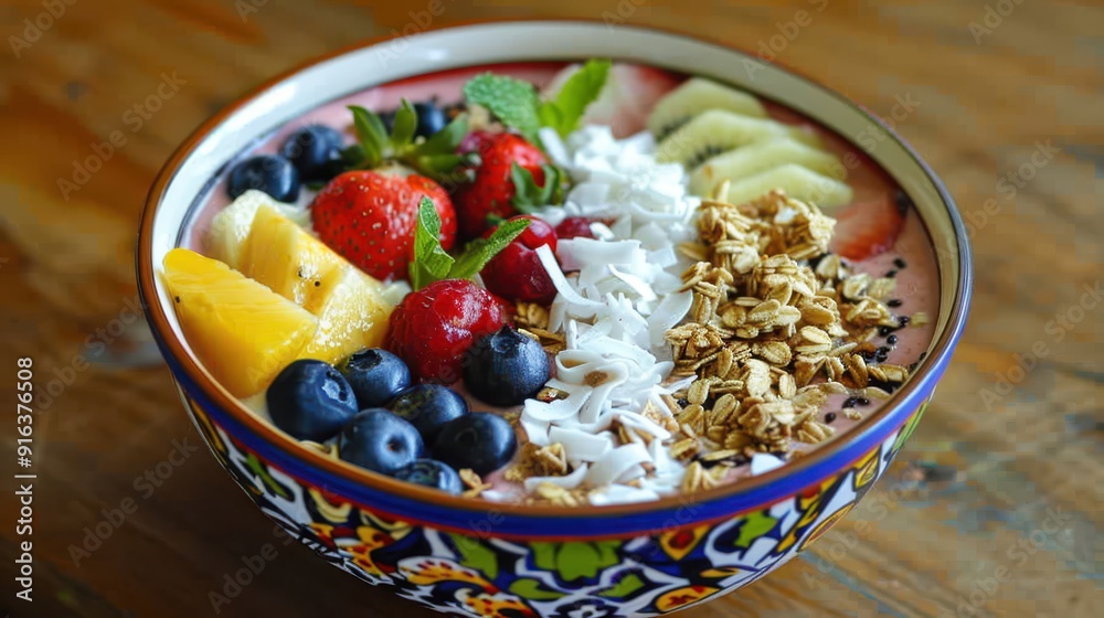 A refreshing breakfast smoothie bowl topped with granola, coconut flakes, and an assortment of fresh fruits, served in a colorful bowl. A refreshing breakfast smoothie bowl topped with granola, coconut flakes, and an assortment of fresh fruits, served in a colorful bowl.