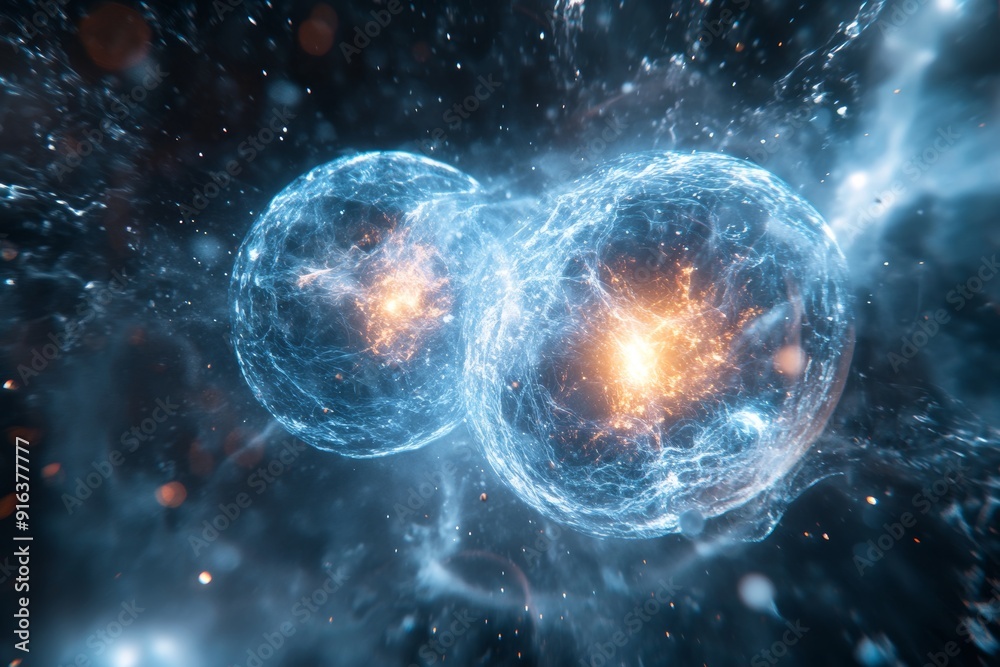 Close-up of two hydrogen nuclei colliding to form helium, releasing energy during nuclear fusion. High-resolution, detailed textures, crisp focus Close-up of two hydrogen nuclei colliding to form helium, releasing energy during nuclear fusion. High-resolution, detailed textures, crisp focus