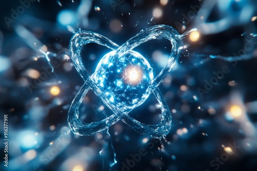 Macro shot of deuterium and tritium nuclei fusing to form helium and a neutron, illustrating the fusion process. High-resolution, detailed textures, crisp focus
