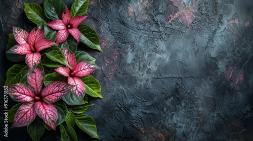 A chic wallpaper featuring a black background with a beautiful arrangement of leaves and flowers, providing ample copy space