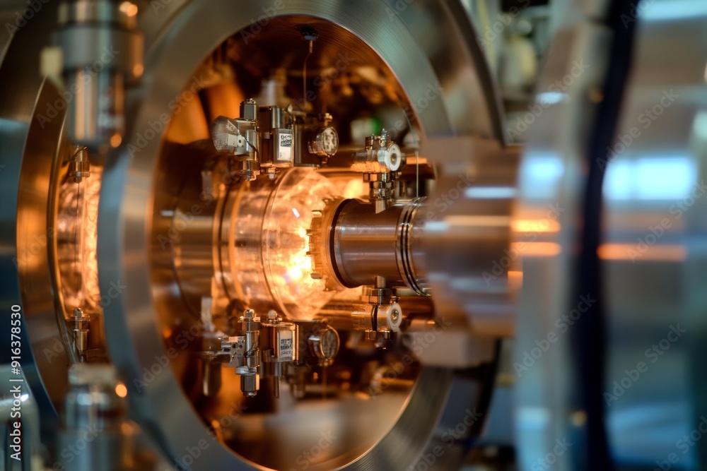 Obraz premium Detailed view of plasma diagnostics equipment, illustrating the tools used to study fusion reactions. High-resolution, detailed textures, crisp focus