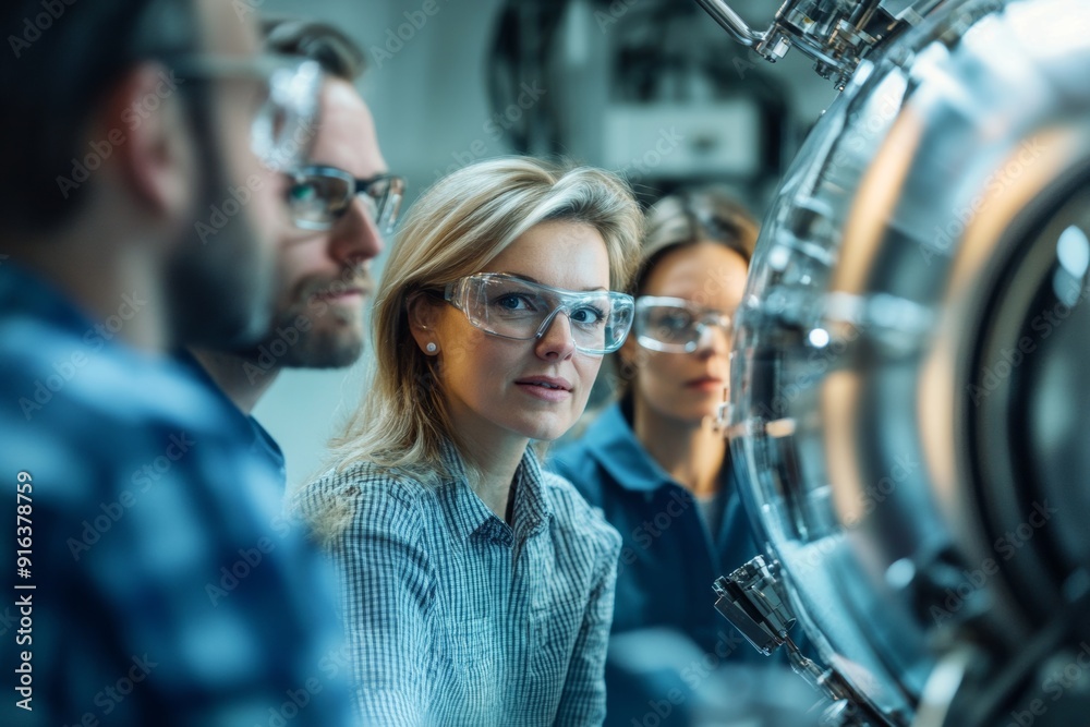 Portrait of a team of scientists discussing nuclear fusion research, highlighting collaboration and innovation. High-resolution, detailed textures, crisp focus Portrait of a team of scientists discussing nuclear fusion research, highlighting collaboration and innovation. High-resolution, detailed textures, crisp focus